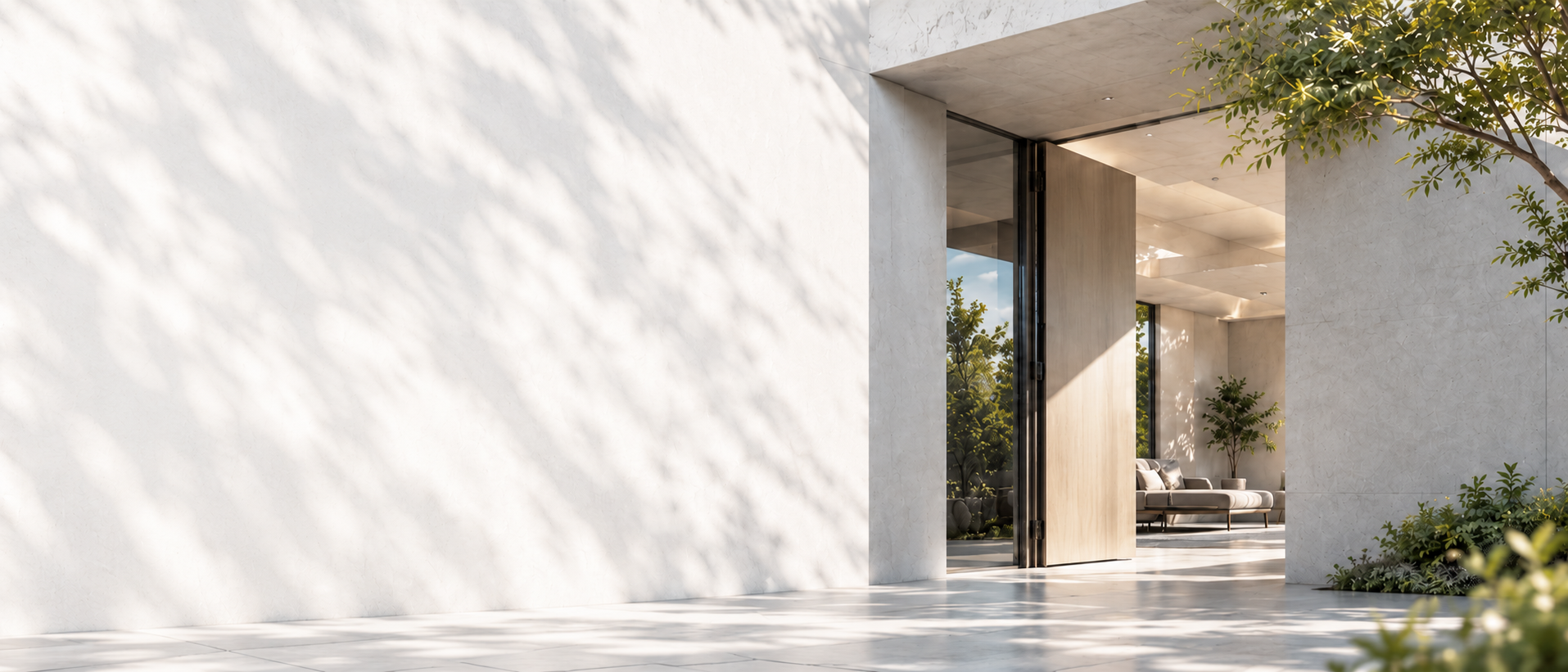 A sunlit home entrance surrounded by trees